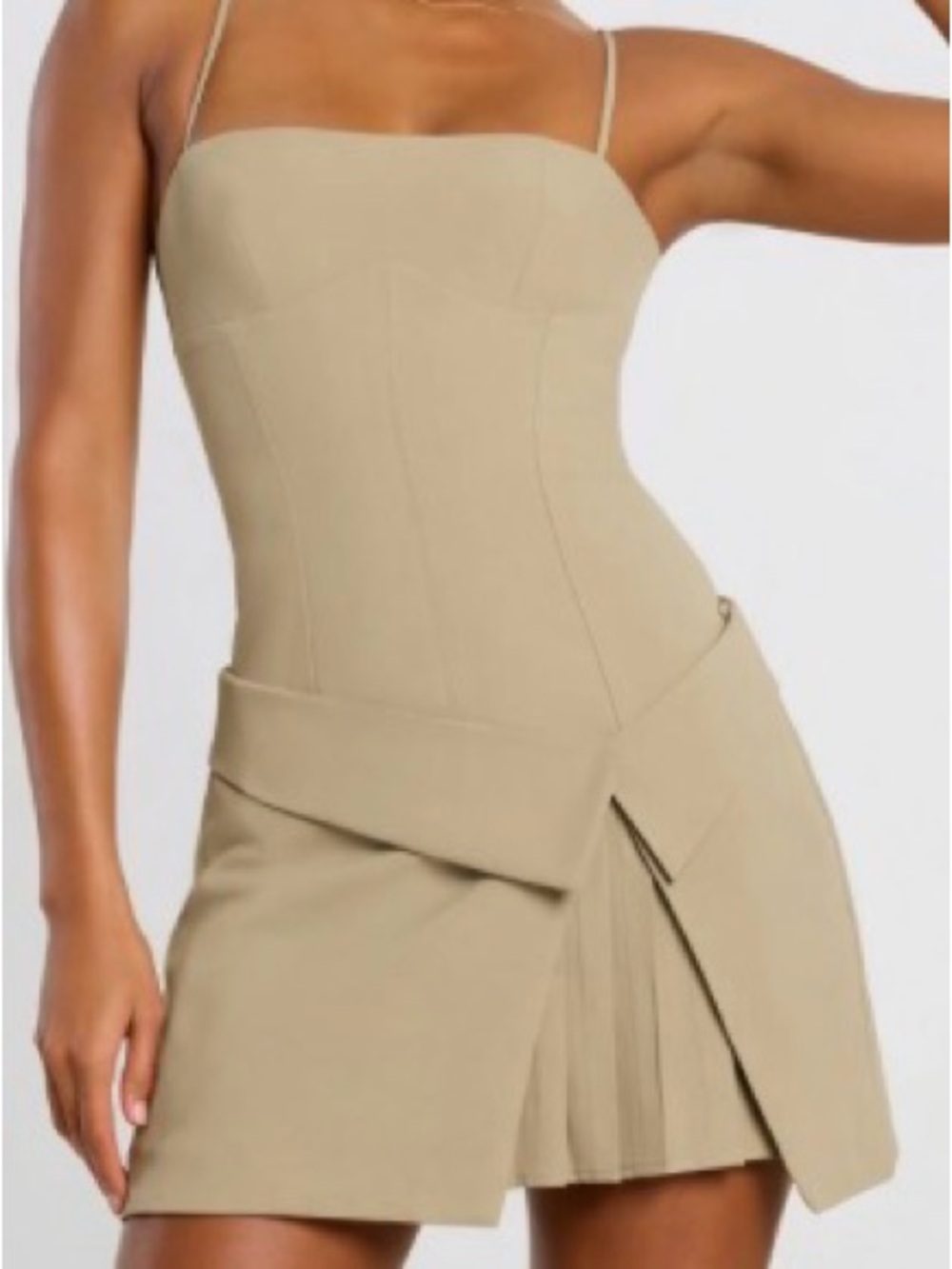 Beige Strapless Mini Dress with Pleated Skirt Detail